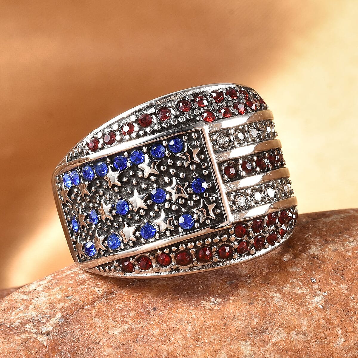 Multi Color Austrian Crystal American National Flag Pattern Ring in Stainless Steel (Size 9.0) , Tarnish-Free, Waterproof, Sweat Proof Jewelry image number 1