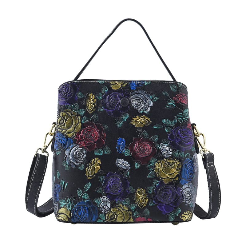 Black Rose Handprinted with Embossed Pattern Genuine Leather Tote Bag for Women | Purses | Satchel Purse | Shoulder Handbag | Designer Tote Handbag