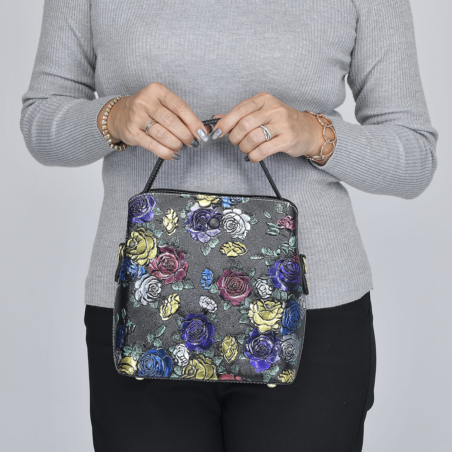 Black Rose Handprinted with Embossed Pattern Genuine Leather Tote Bag for Women | Purses | Satchel Purse | Shoulder Handbag | Designer Tote Handbag