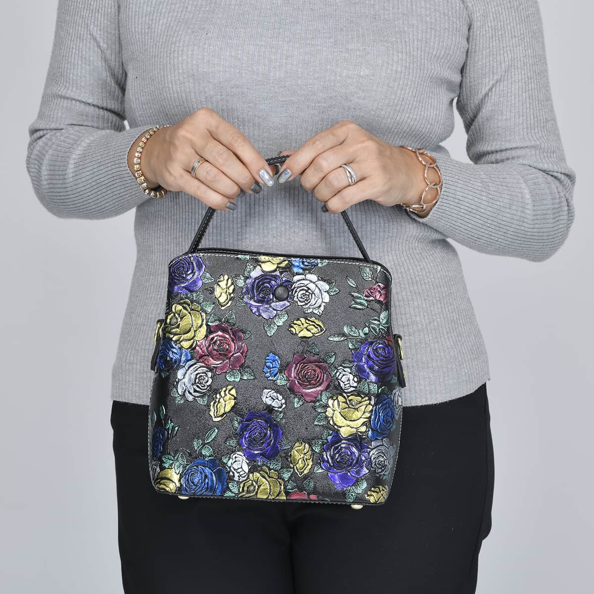 Black Rose Handprinted with Embossed Pattern Genuine Leather Tote Bag for Women | Purses | Satchel Purse | Shoulder Handbag | Designer Tote Handbag image number 2