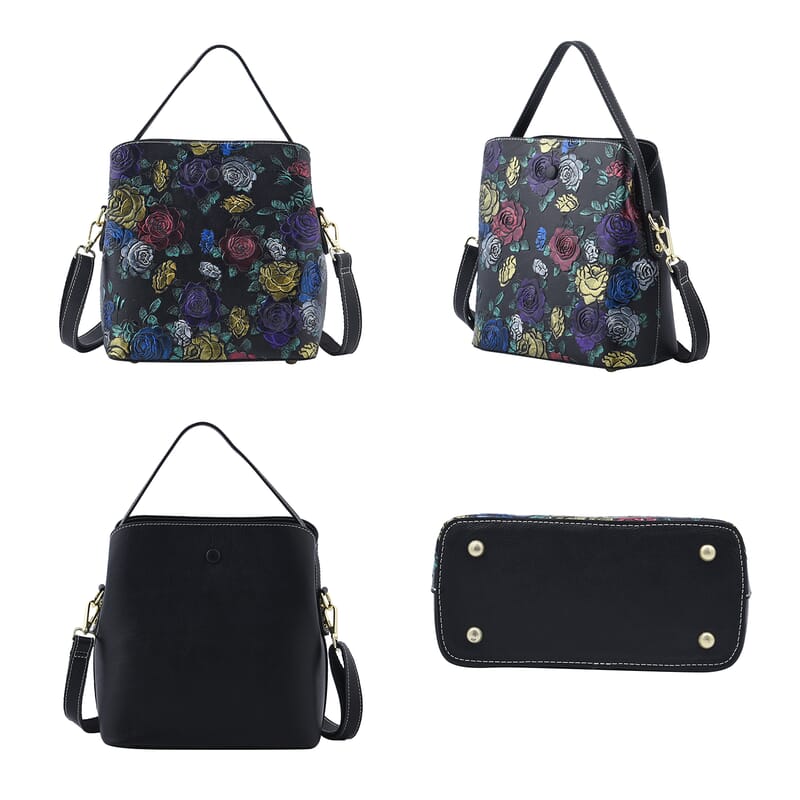 Black Rose Handprinted with Embossed Pattern Genuine Leather Tote Bag for Women | Purses | Satchel Purse | Shoulder Handbag | Designer Tote Handbag