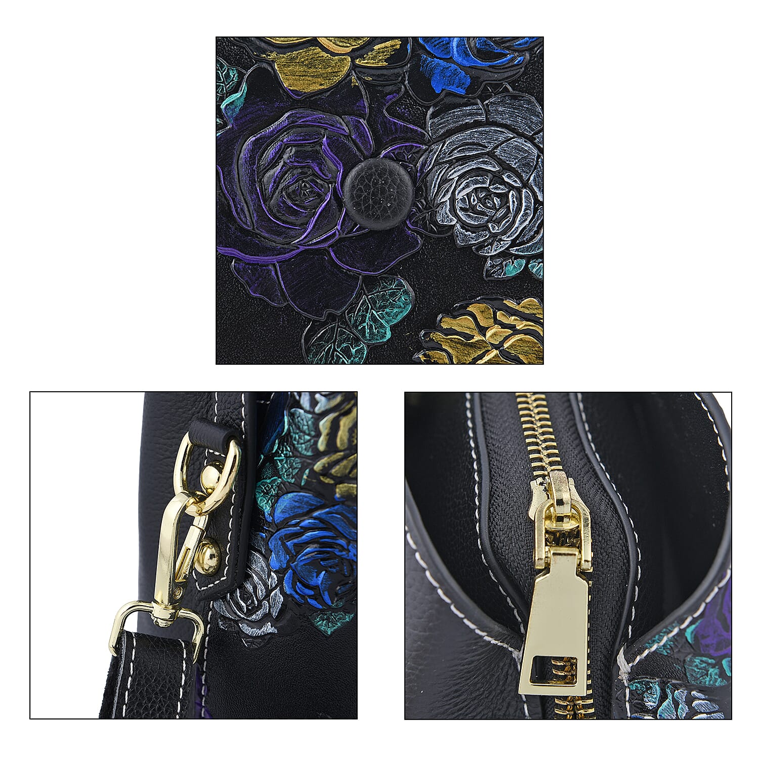 Black Rose Handprinted with Embossed Pattern Genuine Leather Tote Bag for Women | Purses | Satchel Purse | Shoulder Handbag | Designer Tote Handbag