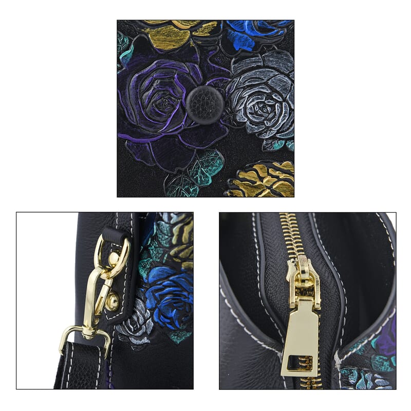 Black Rose Handprinted with Embossed Pattern Genuine Leather Tote Bag for Women | Purses | Satchel Purse | Shoulder Handbag | Designer Tote Handbag