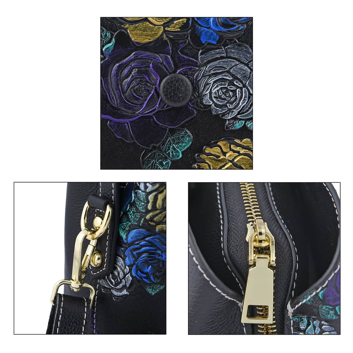 Black Rose Handprinted with Embossed Pattern Genuine Leather Tote Bag for Women | Purses | Satchel Purse | Shoulder Handbag | Designer Tote Handbag image number 4
