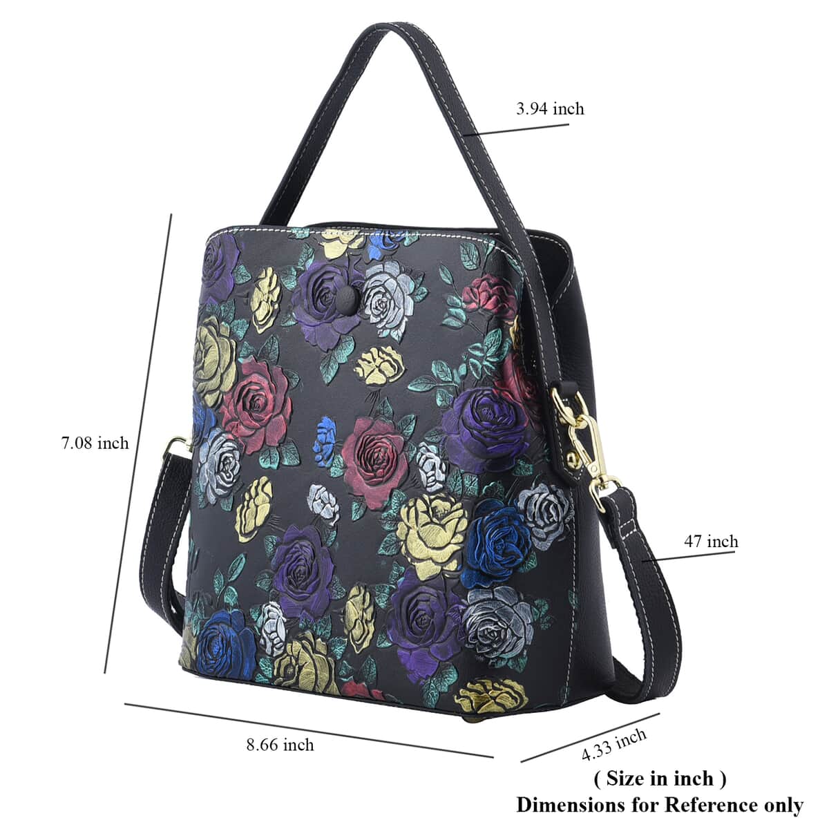 HONG KONG CLOSEOUT Collection Black Color Rose Embossed Pattern Genuine Leather Convertible Tote Bag with Handle and Shoulder Strap (8.66"x7.08"x4.33") image number 6