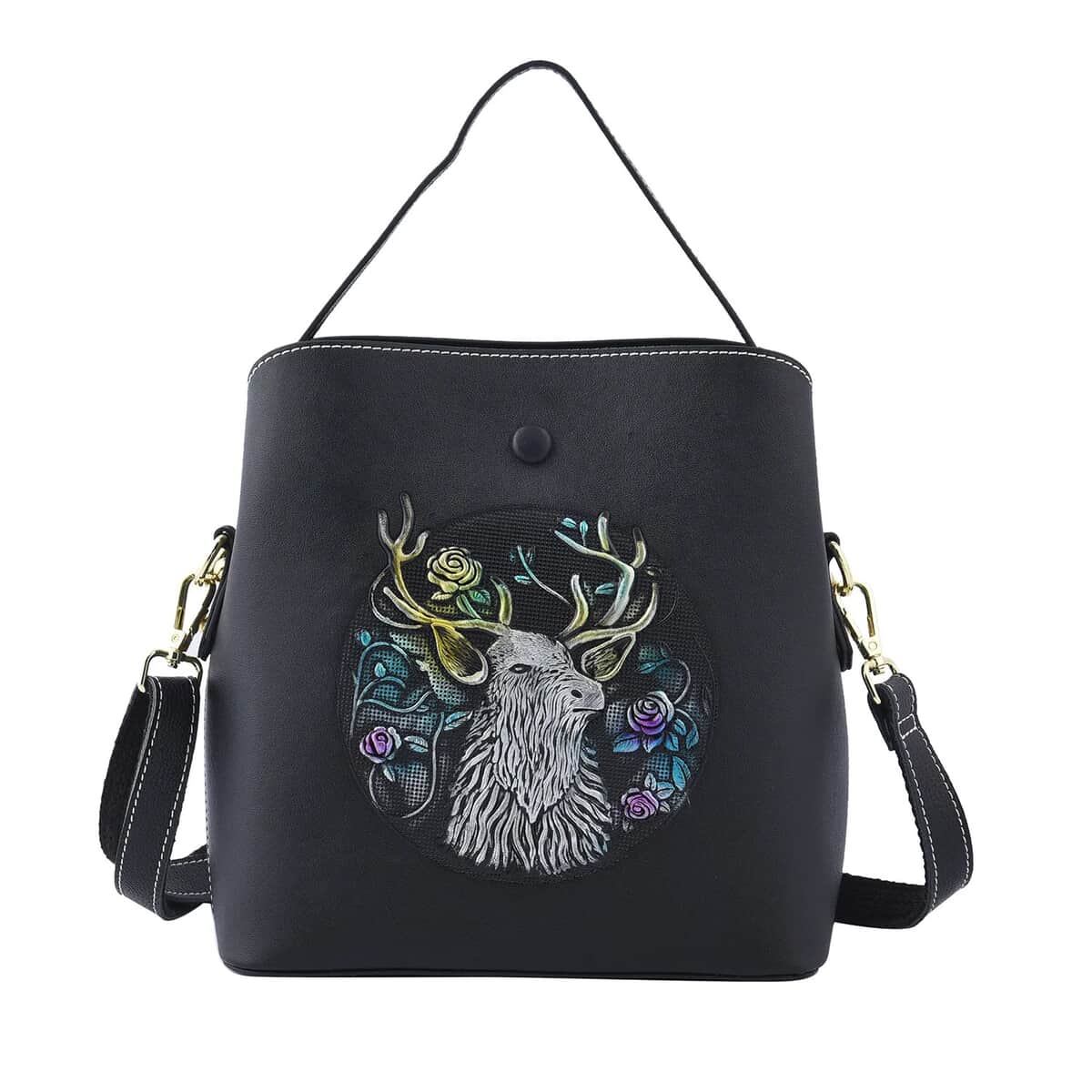 Black Deer Handprinted with Embossed Pattern Genuine Leather Tote Bag for Women Purses, Satchel Purse, Shoulder Handbag image number 0