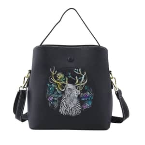 Black Deer Handprinted with Embossed Pattern Genuine Leather Tote Bag for Women Purses, Satchel Purse, Shoulder Handbag
