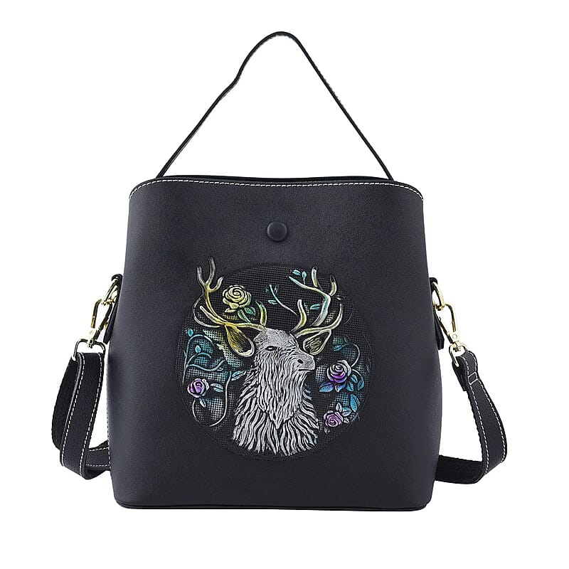 Black Deer Handprinted with Embossed Pattern Genuine Leather Tote Bag for Women Purses, Satchel Purse, Shoulder Handbag