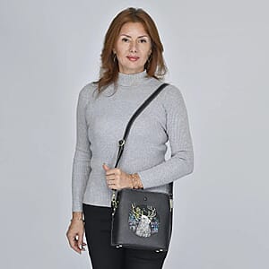Black Deer Handprinted with Embossed Pattern Genuine Leather Tote Bag for Women Purses, Satchel Purse, Shoulder Handbag
