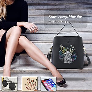 Black Deer Handprinted with Embossed Pattern Genuine Leather Tote Bag for Women Purses, Satchel Purse, Shoulder Handbag
