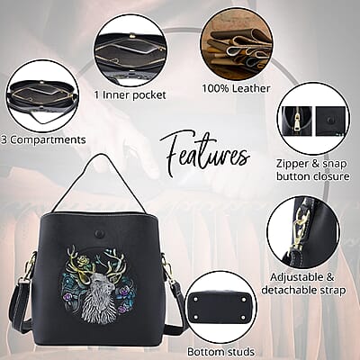 Black Deer Handprinted with Embossed Pattern Genuine Leather Tote Bag for Women Purses, Satchel Purse, Shoulder Handbag
