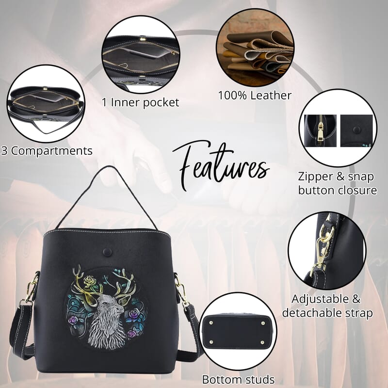 Black Deer Handprinted with Embossed Pattern Genuine Leather Tote Bag for Women Purses, Satchel Purse, Shoulder Handbag