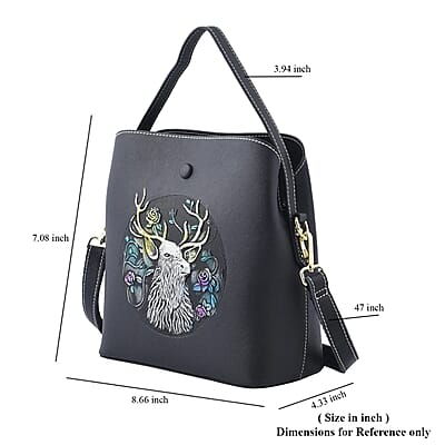 Black Deer Handprinted with Embossed Pattern Genuine Leather Tote Bag for Women Purses, Satchel Purse, Shoulder Handbag
