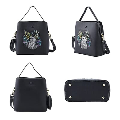 Black Deer Handprinted with Embossed Pattern Genuine Leather Tote Bag for Women Purses, Satchel Purse, Shoulder Handbag