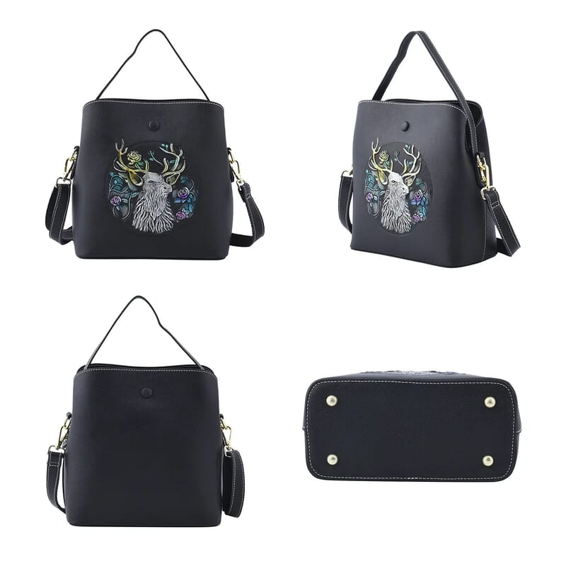 Black Deer Handprinted with Embossed Pattern Genuine Leather Tote Bag for Women Purses, Satchel Purse, Shoulder Handbag