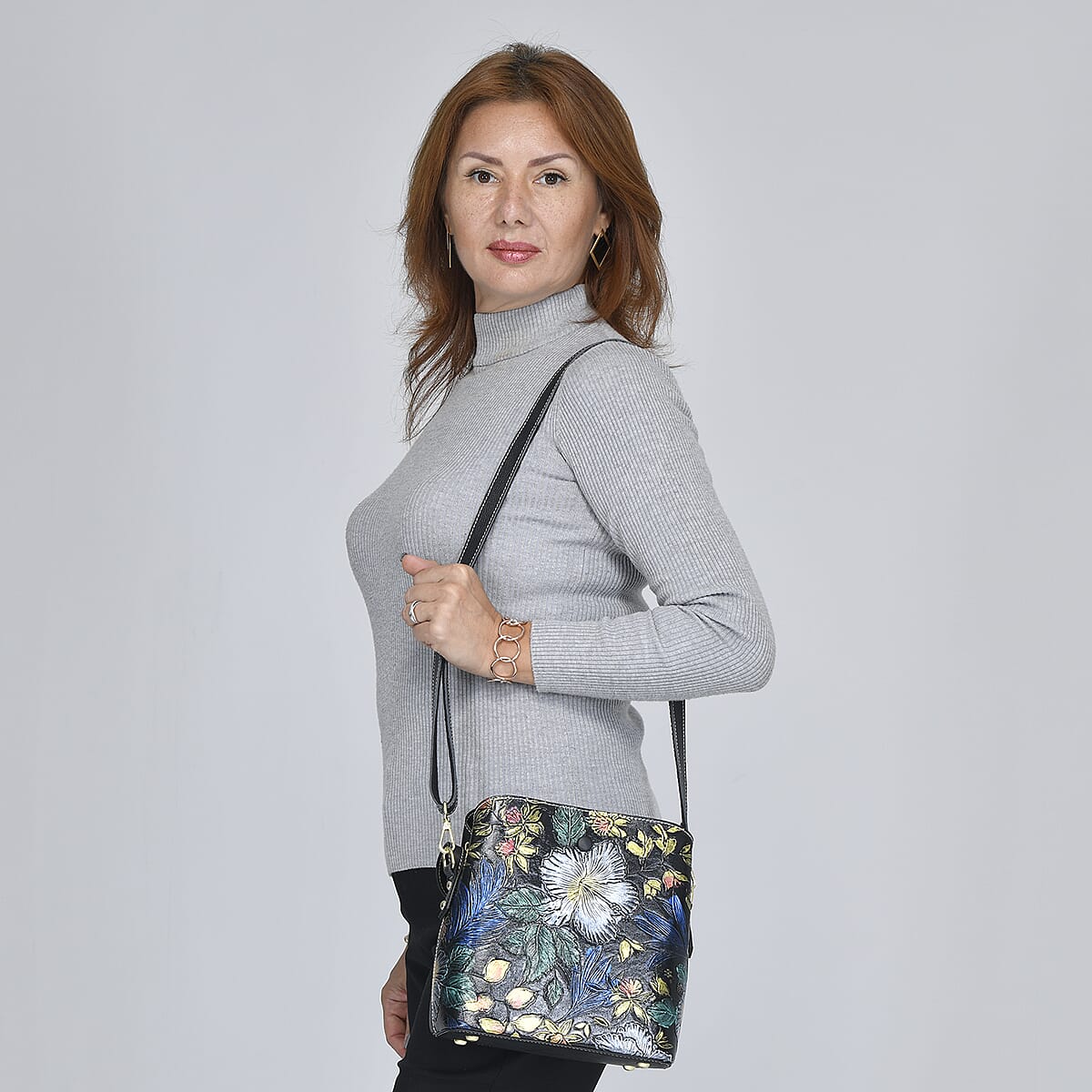 Black Flower Handprinted with Embossed Pattern Genuine Leather Tote Bag for Women , Purses , Satchel Purse , Shoulder Handbag , Designer Tote Handbag image number 1