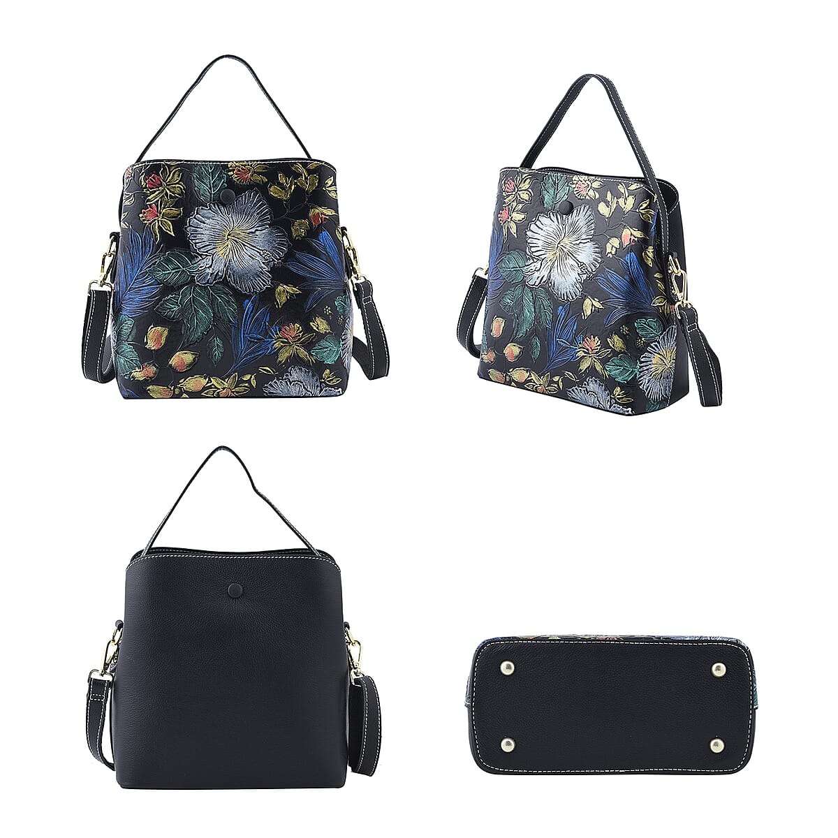 Black Flower Handprinted with Embossed Pattern Genuine Leather Tote Bag for Women , Purses , Satchel Purse , Shoulder Handbag , Designer Tote Handbag image number 3