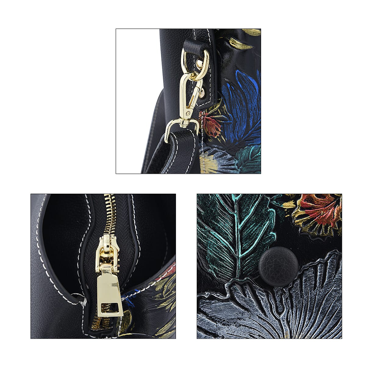 Black Flower Handprinted with Embossed Pattern Genuine Leather Tote Bag for Women , Purses , Satchel Purse , Shoulder Handbag , Designer Tote Handbag image number 4