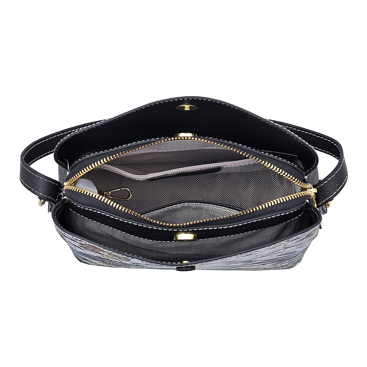 Black Flower Handprinted with Embossed Pattern Genuine Leather Tote Bag for Women , Purses , Satchel Purse , Shoulder Handbag , Designer Tote Handbag image number 5