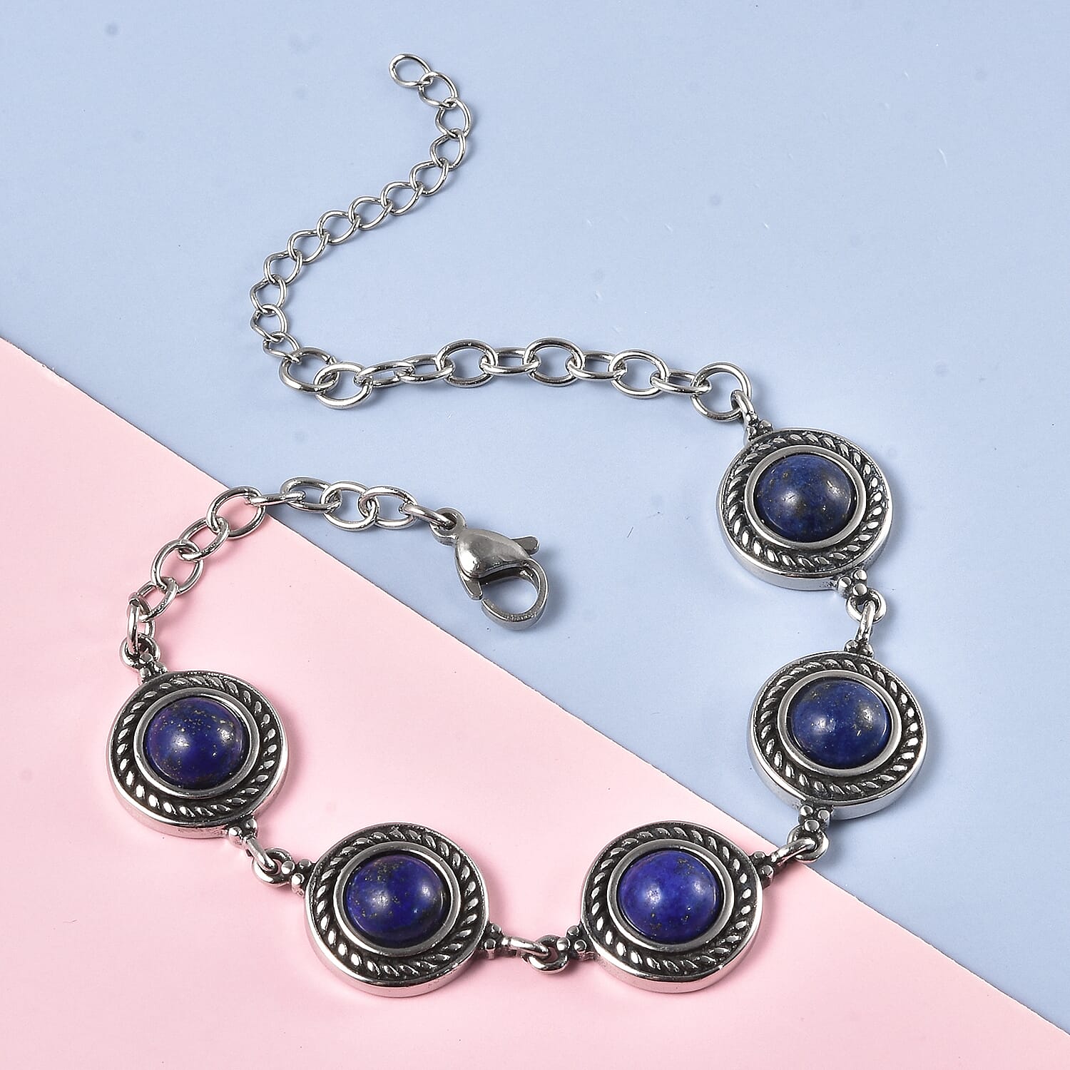 Lapis Lazuli Rose Texture Station Bracelet in Stainless Steel (7.50 In) 8.10 ctw