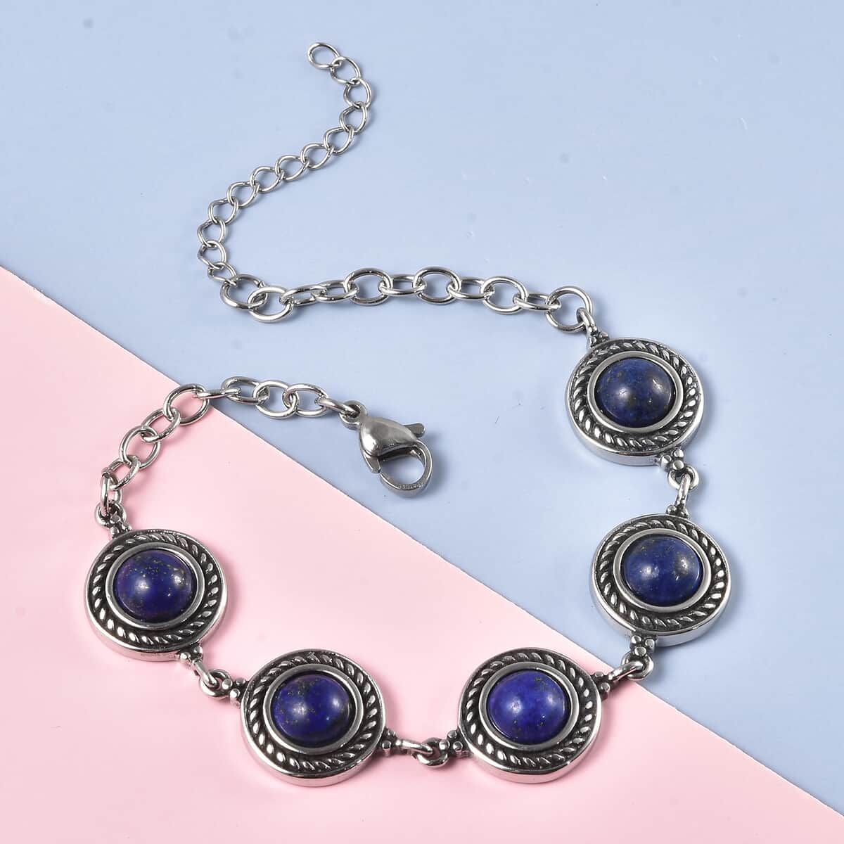 Lapis Lazuli Rose Texture Station Bracelet in Stainless Steel (7.50 In) 8.10 ctw image number 1