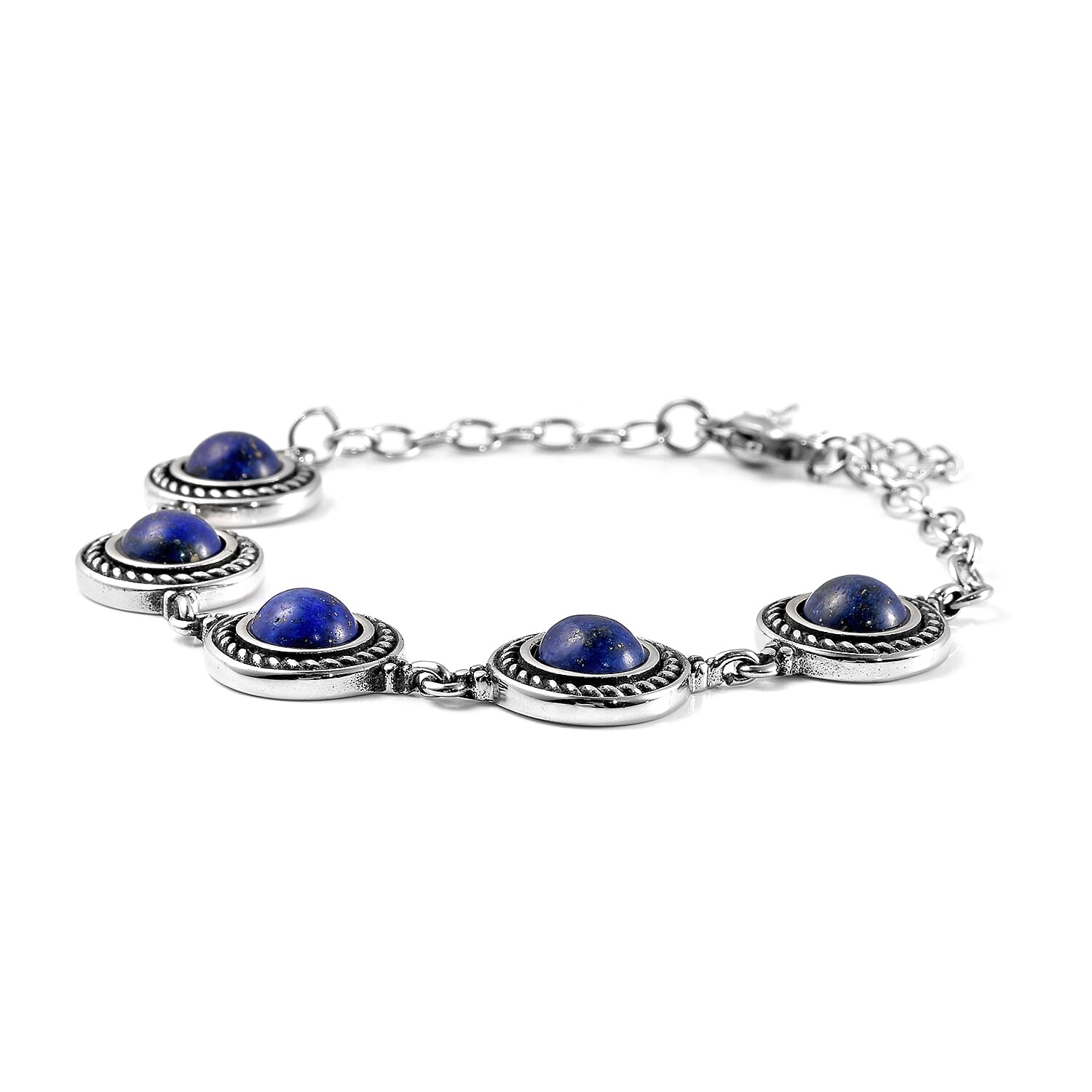 Lapis Lazuli Rose Texture Station Bracelet in Stainless Steel (7.50 In) 8.10 ctw