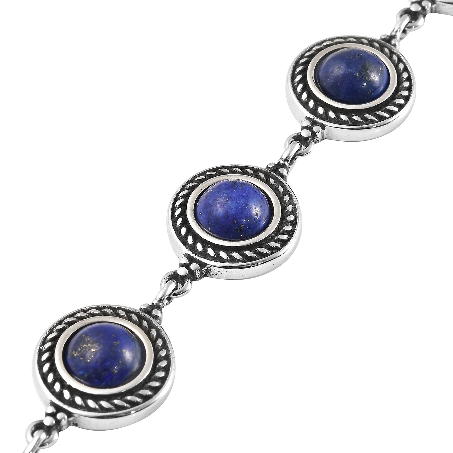 Lapis Lazuli Rose Texture Station Bracelet in Stainless Steel (7.50 In) 8.10 ctw