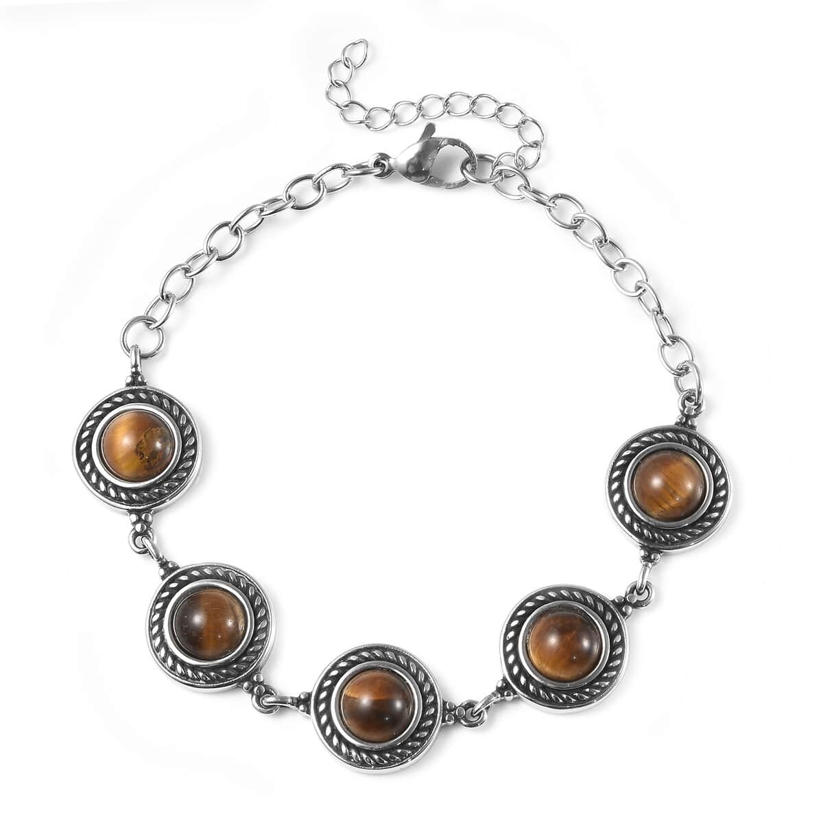 Yellow Tiger's Eye Rose Textured Station Bracelet in Stainless Steel (7.50 In) 7.60 ctw image number 0