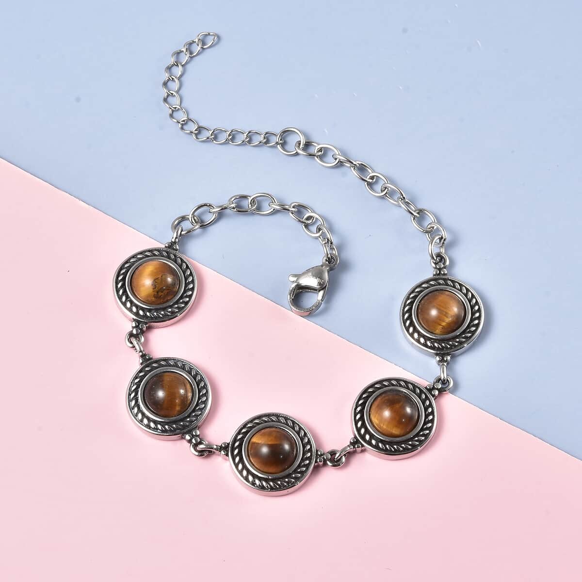 Yellow Tiger's Eye Rose Textured Station Bracelet in Stainless Steel (7.50 In) 7.60 ctw image number 1