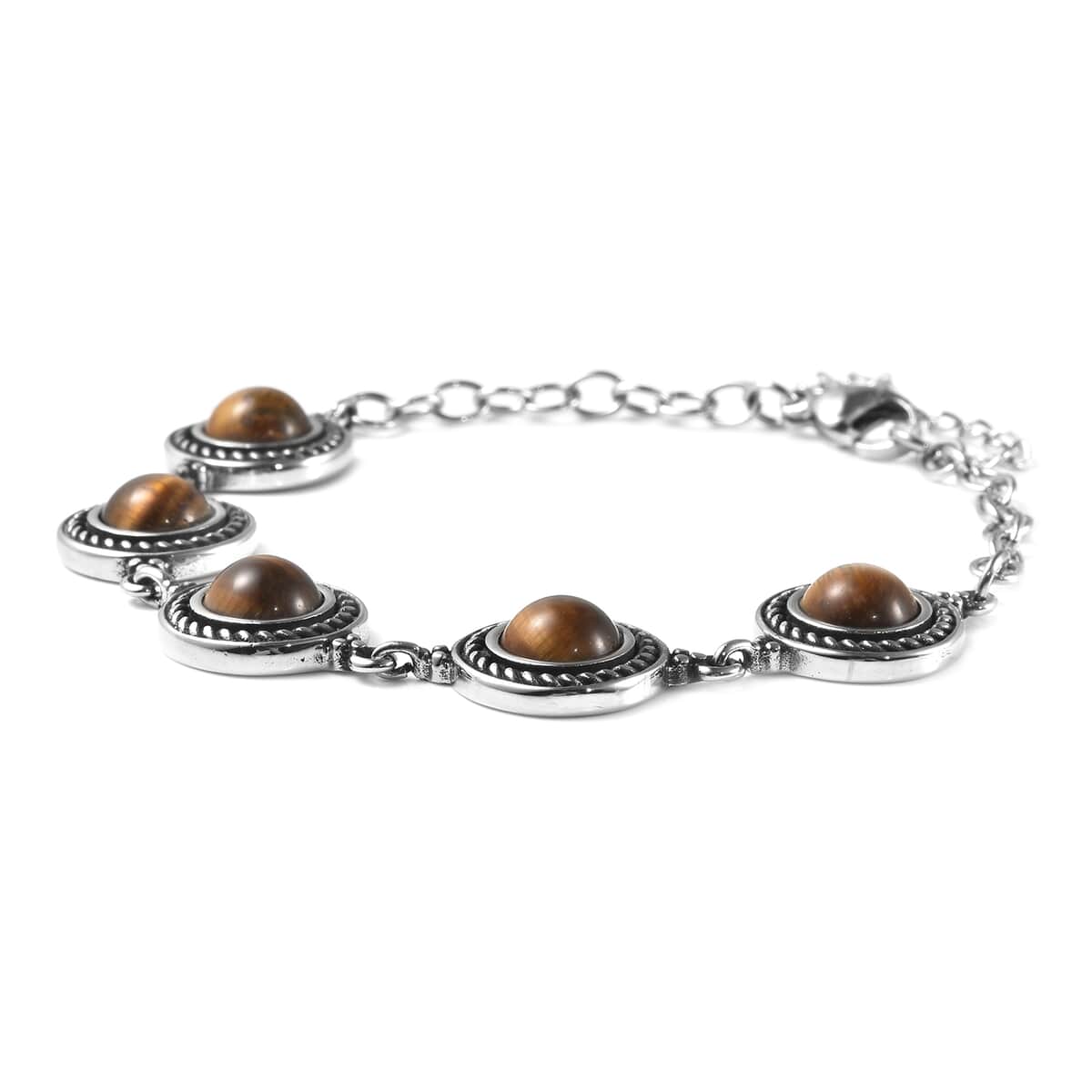 Yellow Tiger's Eye Rose Textured Station Bracelet in Stainless Steel (7.50 In) 7.60 ctw image number 2