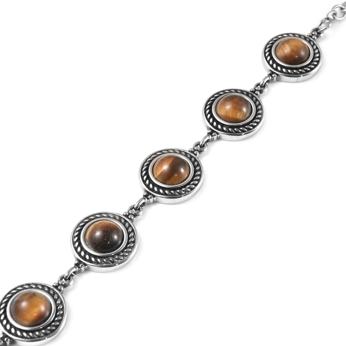 Yellow Tiger's Eye Rose Textured Station Bracelet in Stainless Steel (7.50 In) 7.60 ctw image number 3