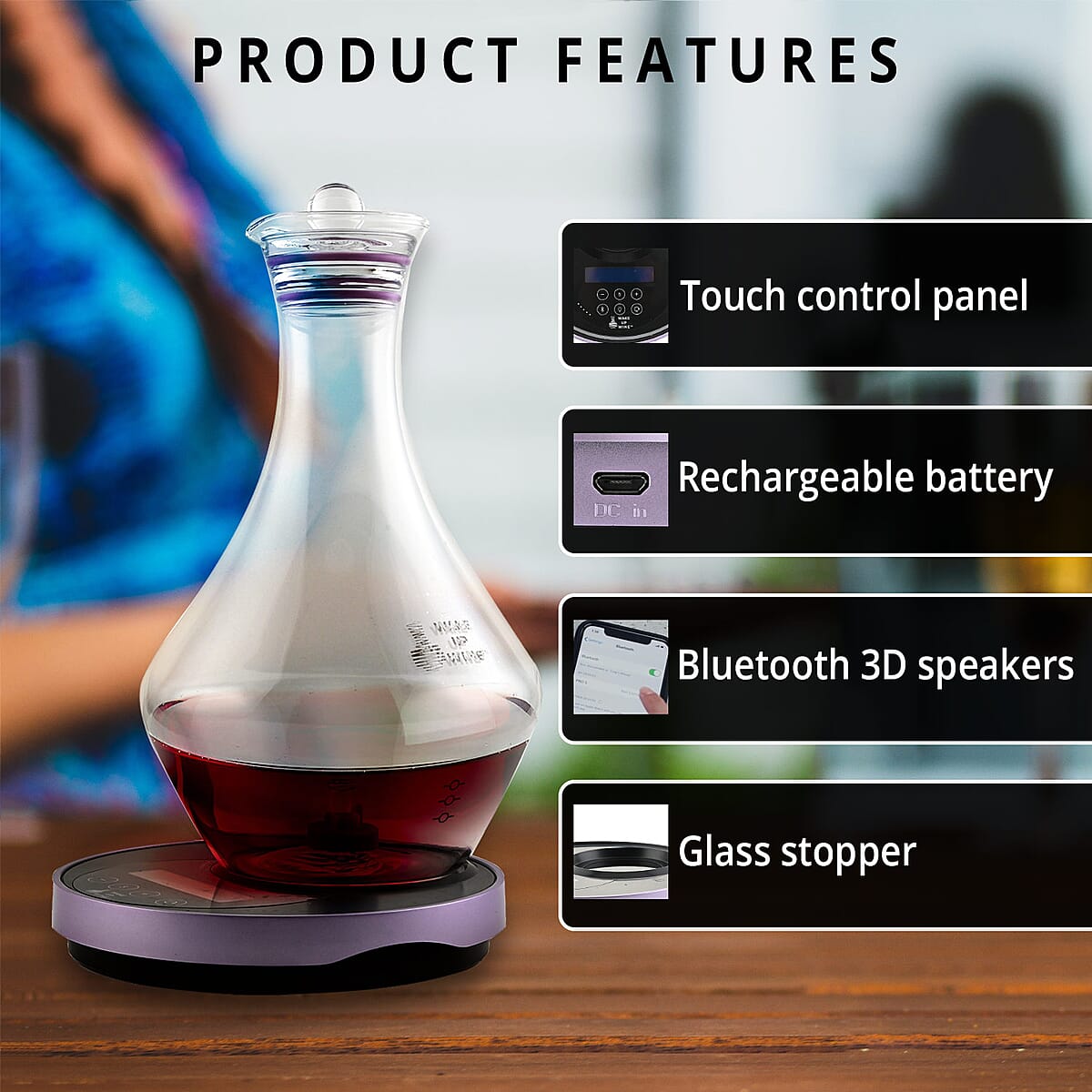 WAKE UP WINE Electronic Decanter Set with 750ML Lead-Free Glass Decanter, Airtight Glass Stopper, Super Fine Sediment Strainer, Rechargeable Battery image number 2