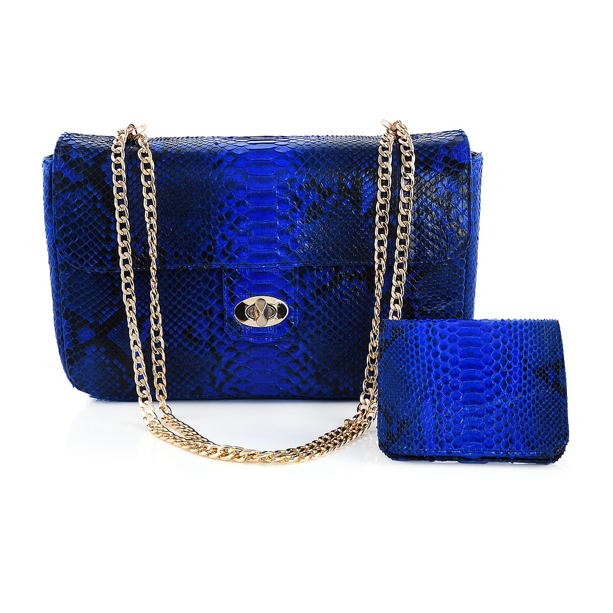 The Pelle Python Collection Handmade 100% Genuine Python Leather Blue Color Set of Crossbody Bag (11"x6.5"x2.5") with Wallet (4.3"x3.5"x1.5") image number 0