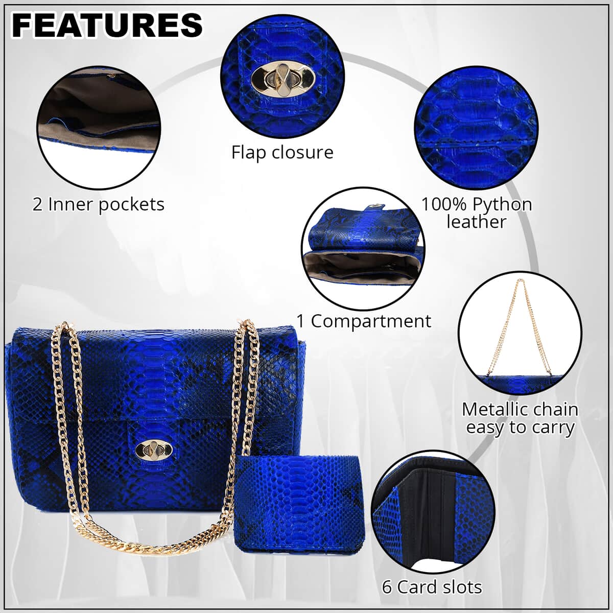 The Pelle Python Collection Handmade 100% Genuine Python Leather Blue Color Set of Crossbody Bag (11"x6.5"x2.5") with Wallet (4.3"x3.5"x1.5") image number 1