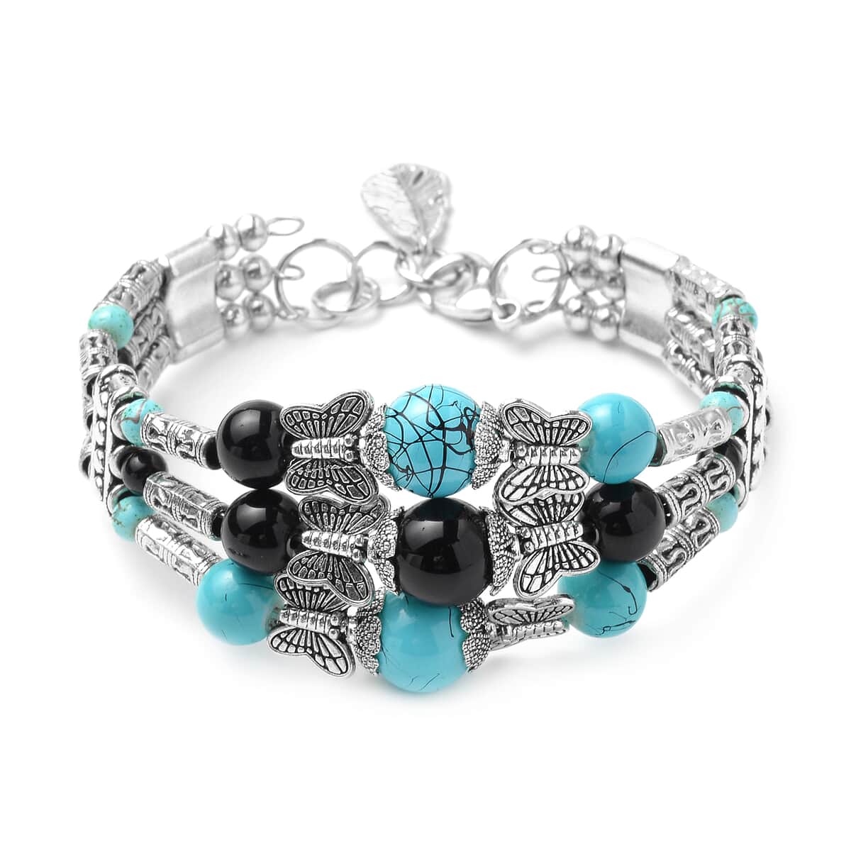 Simulated Blue and Black Sapphire Beaded Bangle Bracelet in Silvertone (7.50 in) image number 0