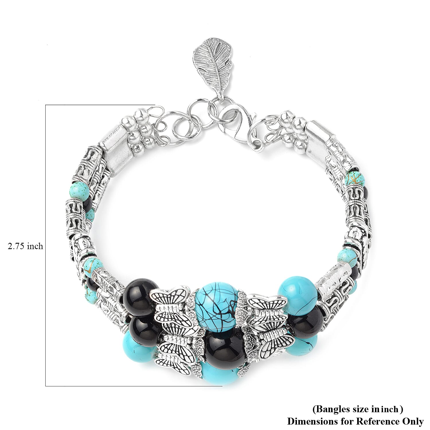 Simulated Blue and Black Sapphire Beaded Bangle Bracelet in Silvertone (7.50 in)