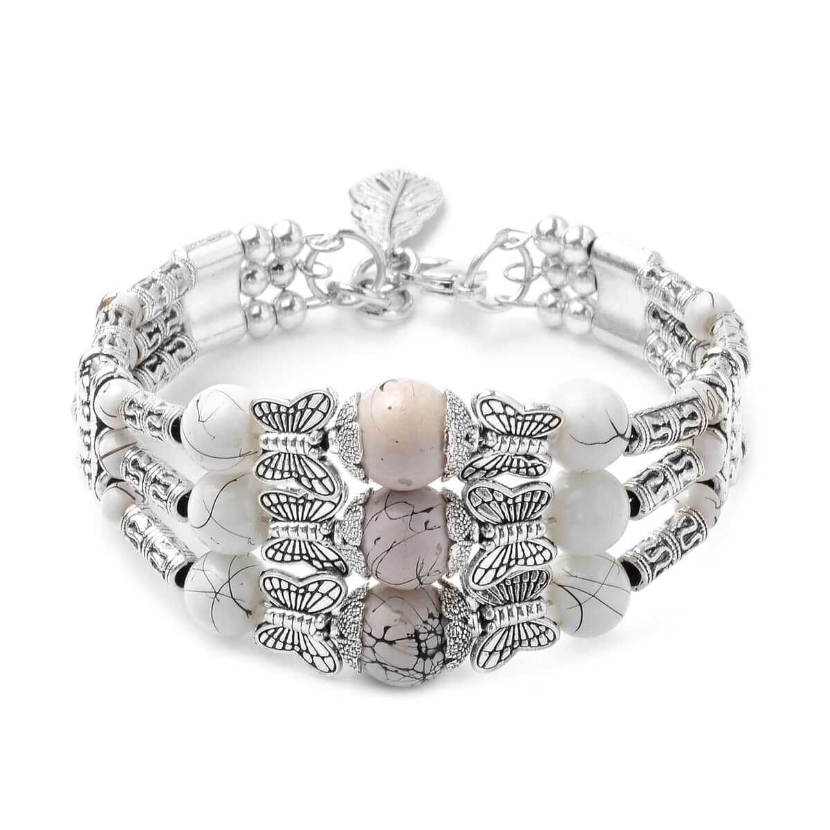 Simulated White Topaz Beaded Bohemian Bangle Bracelet in Silvertone image number 0