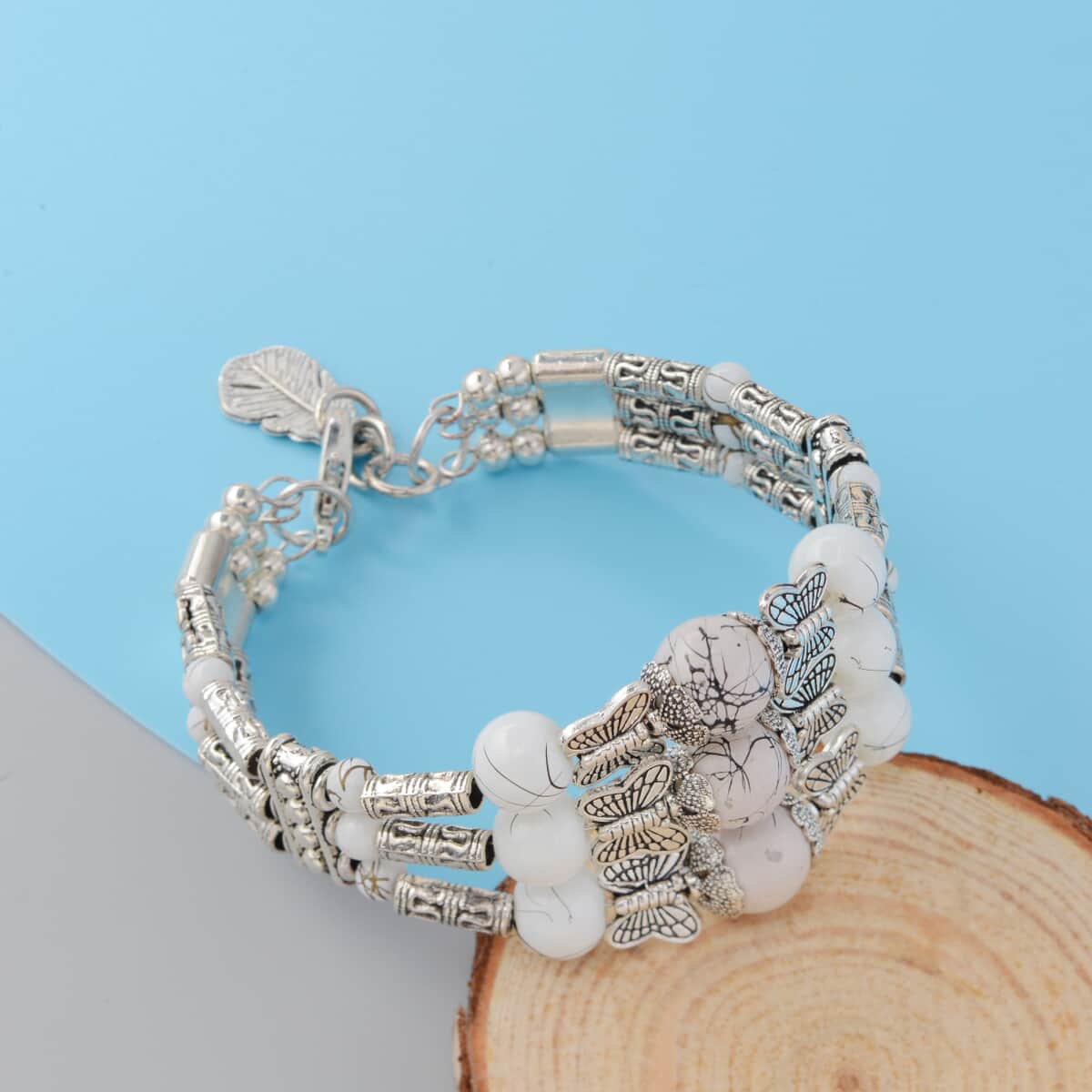 Simulated White Topaz Beaded Bohemian Bangle Bracelet in Silvertone image number 1