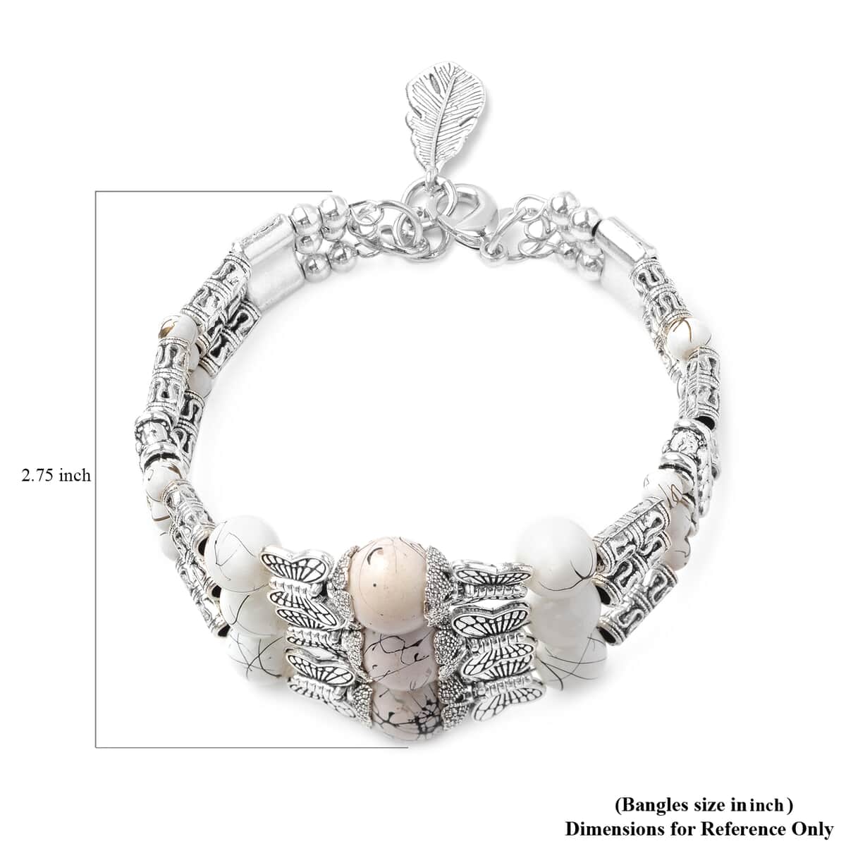 Simulated White Topaz Beaded Bohemian Bangle Bracelet in Silvertone image number 2