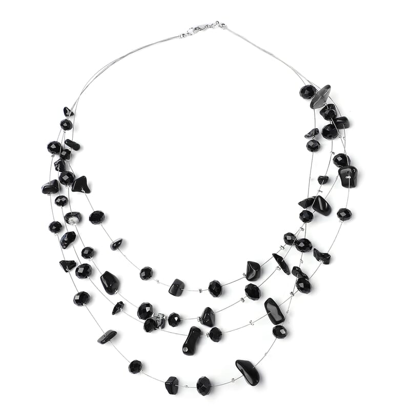 Black Agate and Black Glass Layered Necklace 20 Inches in Silvertone 90.00 ctw