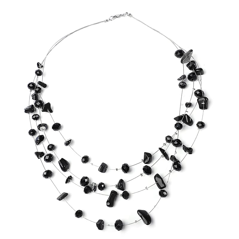Black Agate and Black Glass Layered Necklace 20 Inches in Silvertone 90.00 ctw