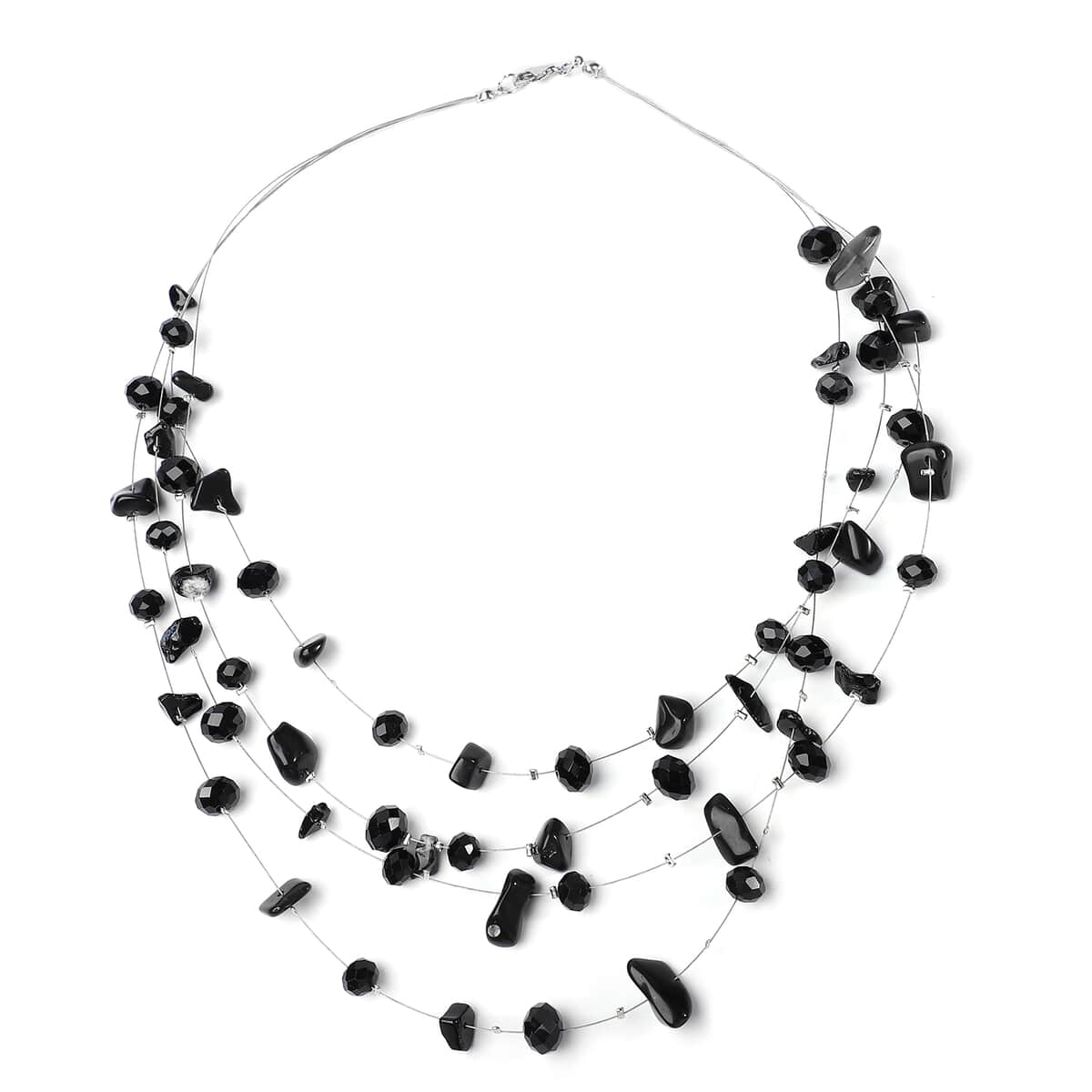 Black Agate and Black Glass Layered Necklace 20 Inches in Silvertone 90.00 ctw image number 0