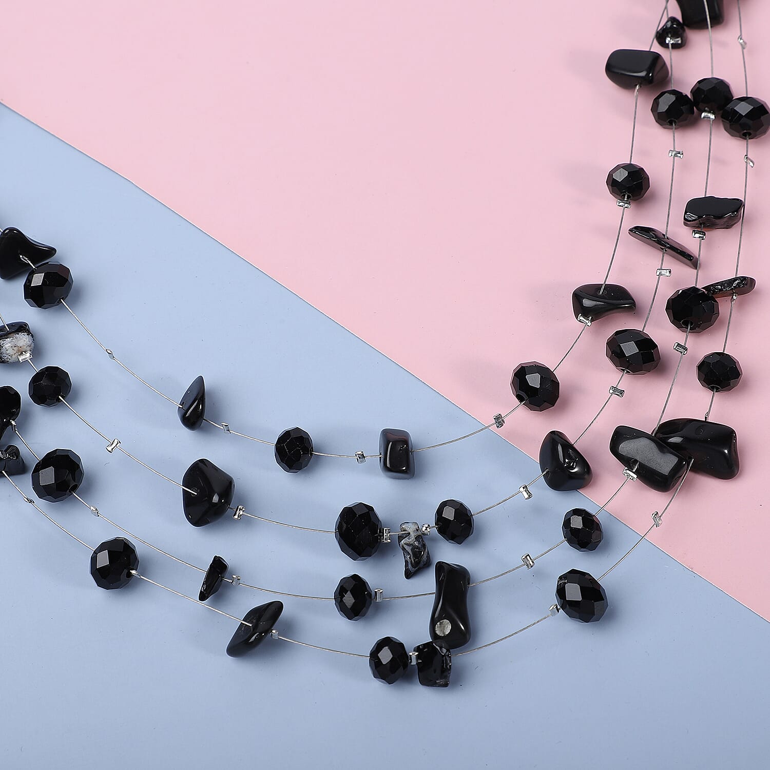 Black Agate and Black Glass Layered Necklace 20 Inches in Silvertone 90.00 ctw