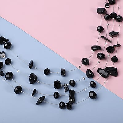 Black Agate and Black Glass Layered Necklace 20 Inches in Silvertone 90.00 ctw