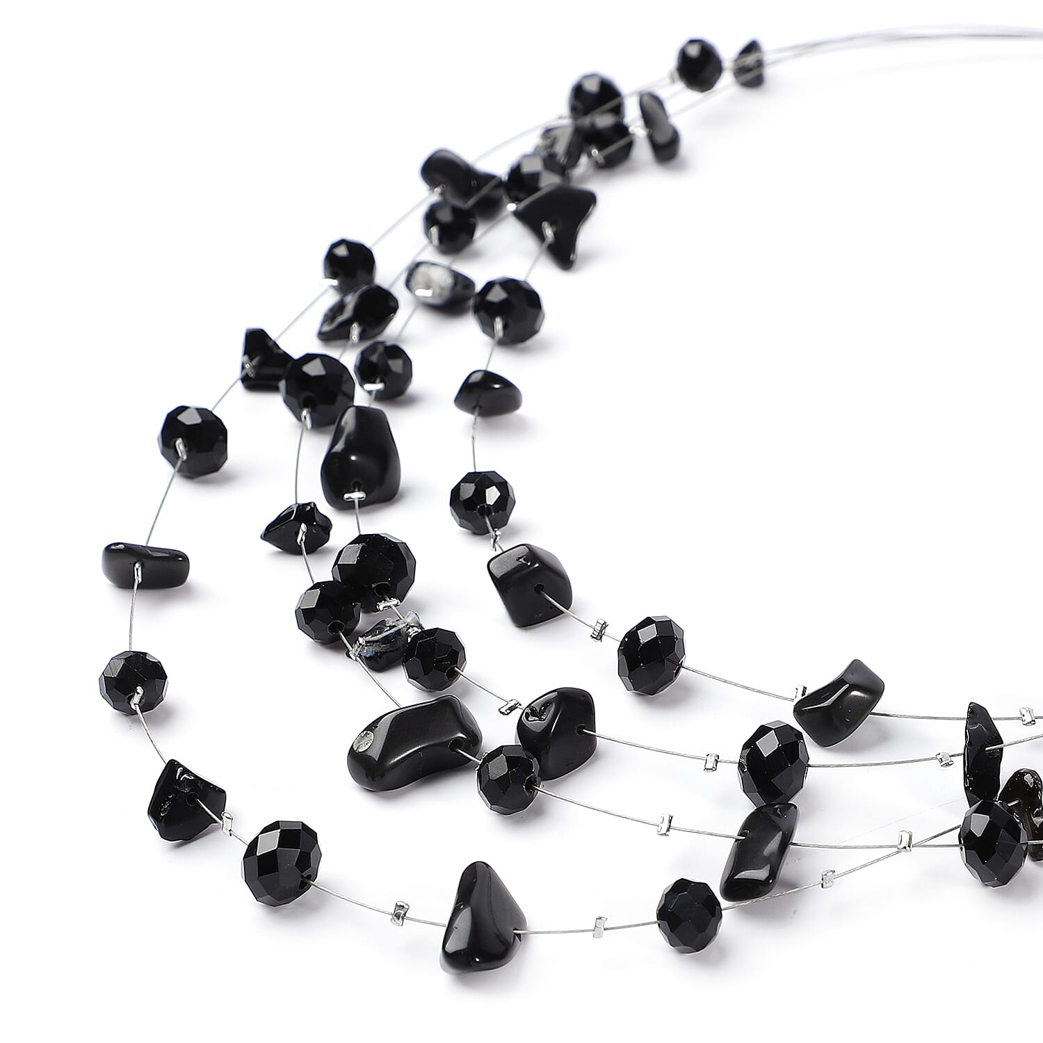 Black Agate and Black Glass Layered Necklace 20 Inches in Silvertone 90.00 ctw