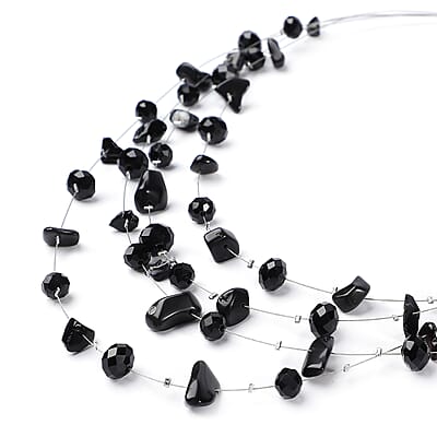 Black Agate and Black Glass Layered Necklace 20 Inches in Silvertone 90.00 ctw