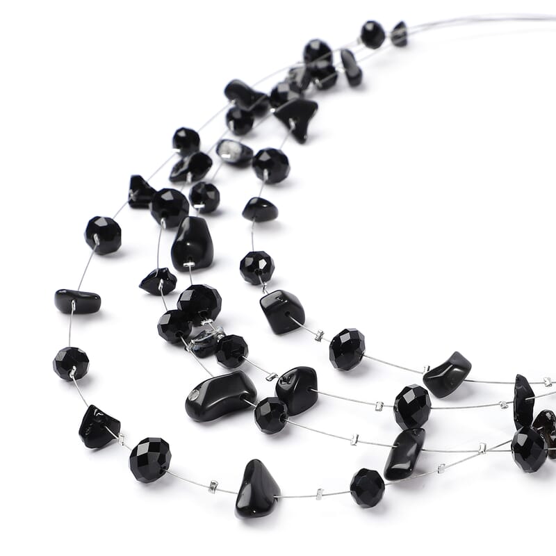 Black Agate and Black Glass Layered Necklace 20 Inches in Silvertone 90.00 ctw