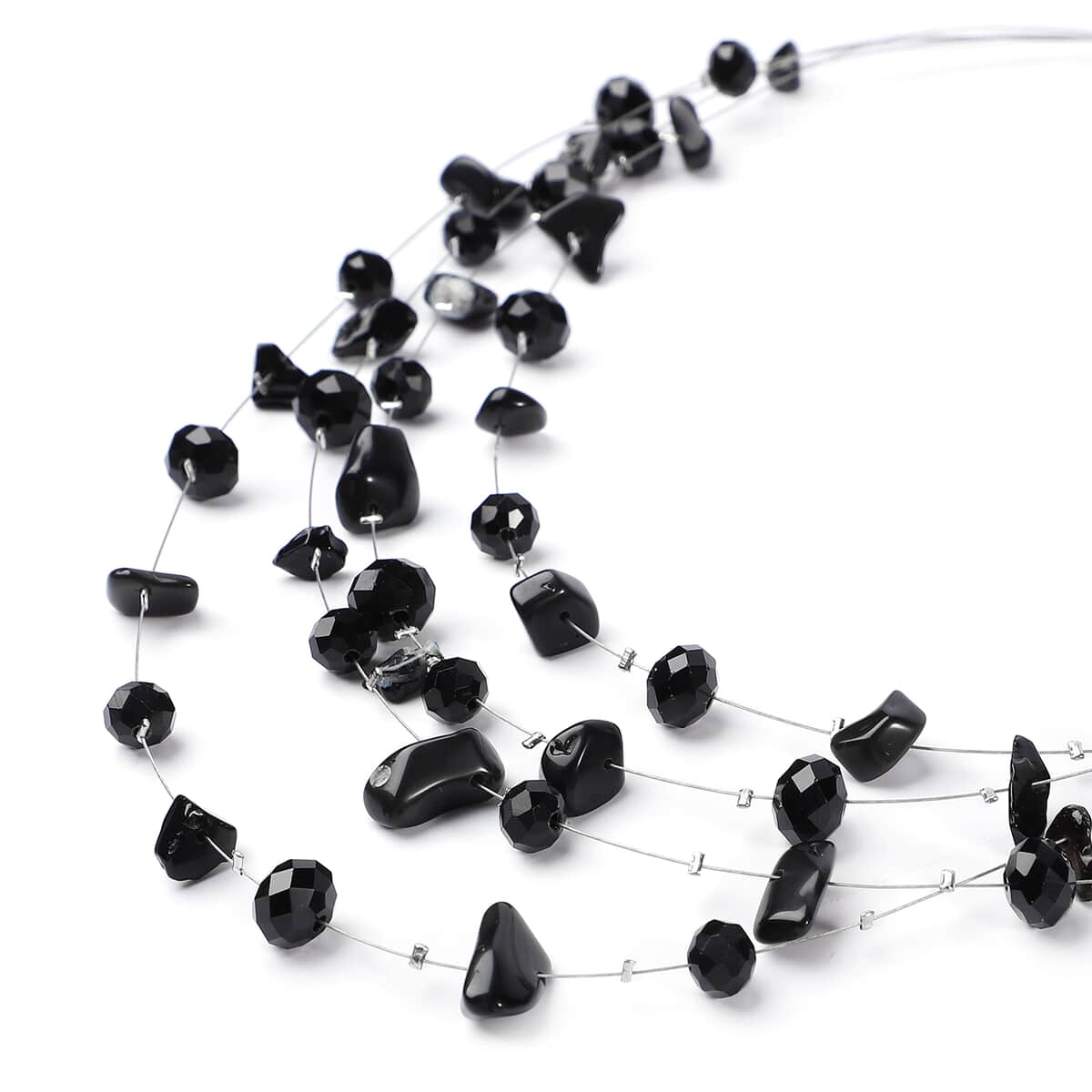 Black Agate and Black Glass Layered Necklace 20 Inches in Silvertone 90.00 ctw image number 2