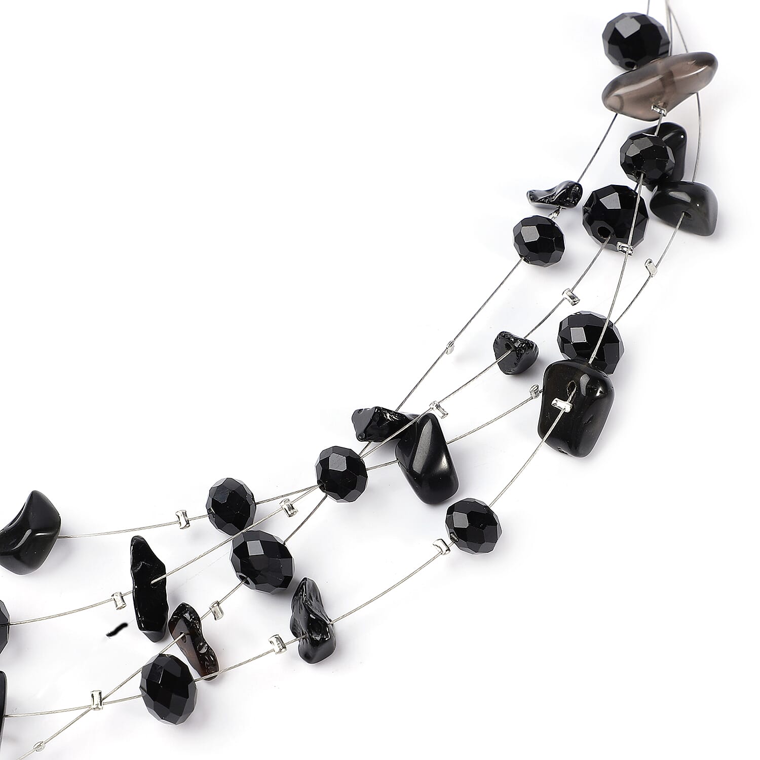 Black Agate and Black Glass Layered Necklace 20 Inches in Silvertone 90.00 ctw