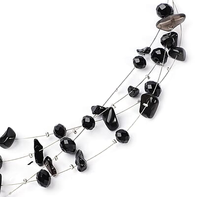 Black Agate and Black Glass Layered Necklace 20 Inches in Silvertone 90.00 ctw